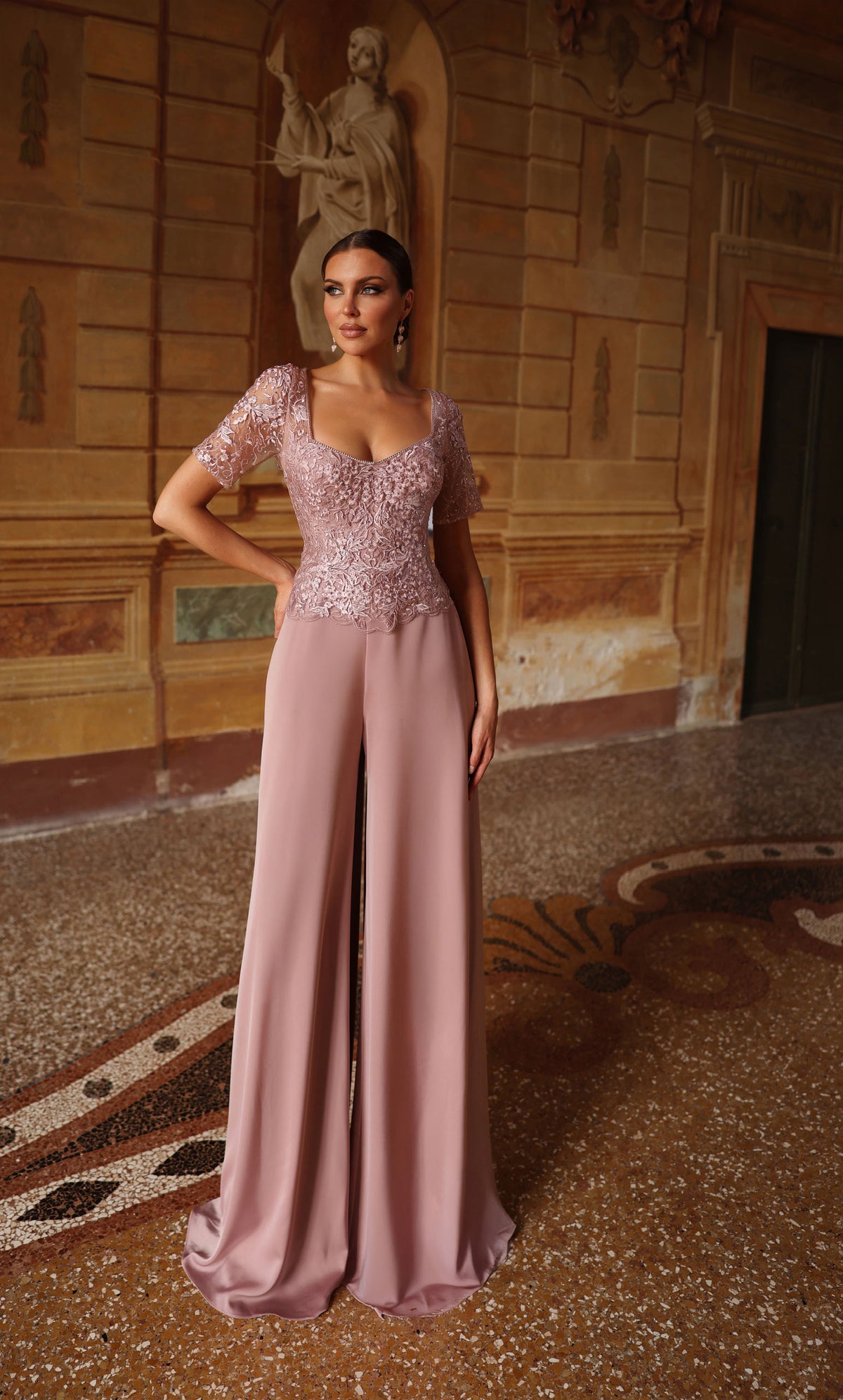 ALYCE Paris 27564 Special Occasion V-neckline Embellished Jumpsuit Dress