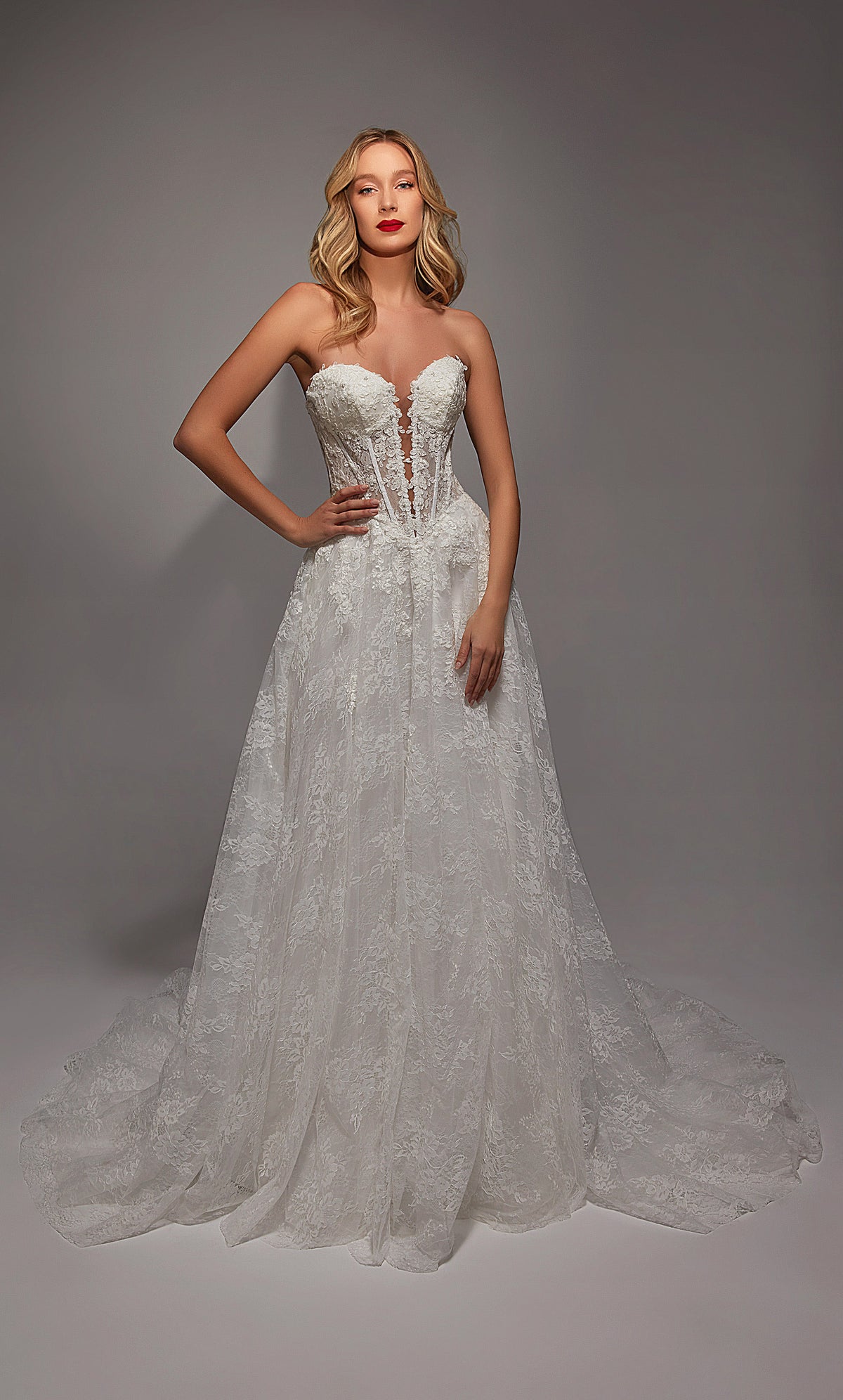 ALYCE Paris 7154 Bridal Plunging Neckline Buttons A Line Dress