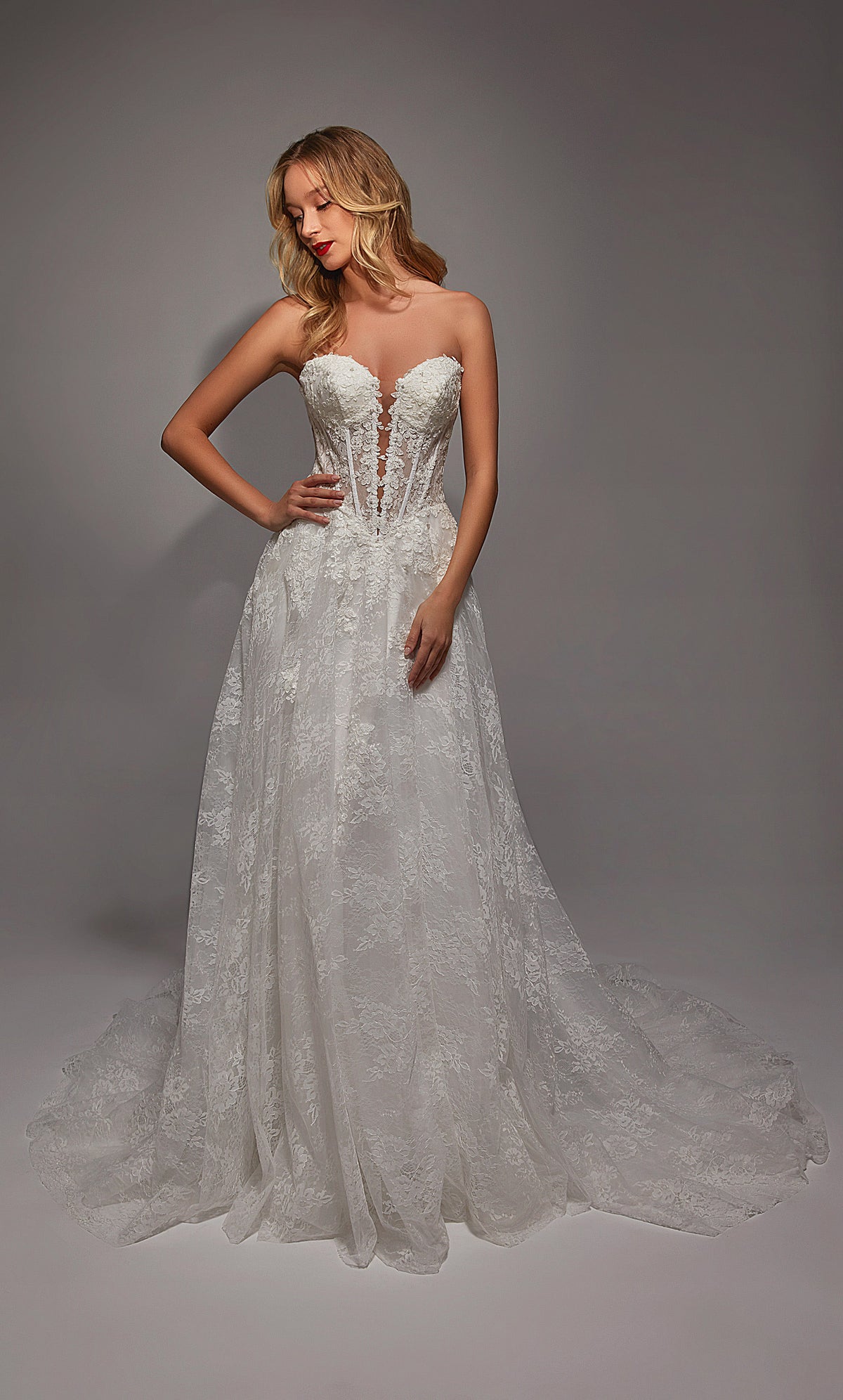 ALYCE Paris 7154 Bridal Plunging Neckline Buttons A Line Dress