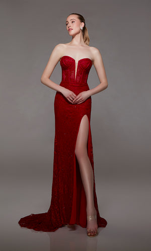 Red lace strapless corset dress: High slit, lace-up back, and an graceful train for an bold and stylish statement.
