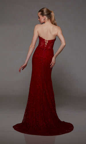 Red lace strapless corset dress: High slit, lace-up back, and an graceful train for an bold and stylish statement.