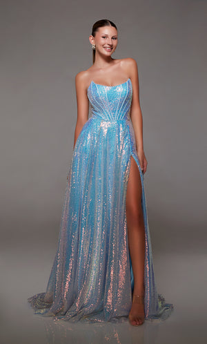 Iridescent sequin ice blue prom dress: Corset bodice, high slit, zip-up back, and train for an dazzling and elegant ensemble.