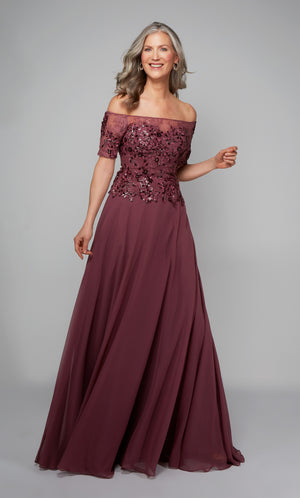 Chiffon mother of the bride dress with an off the shoulder neckline and floral appliques in purple.