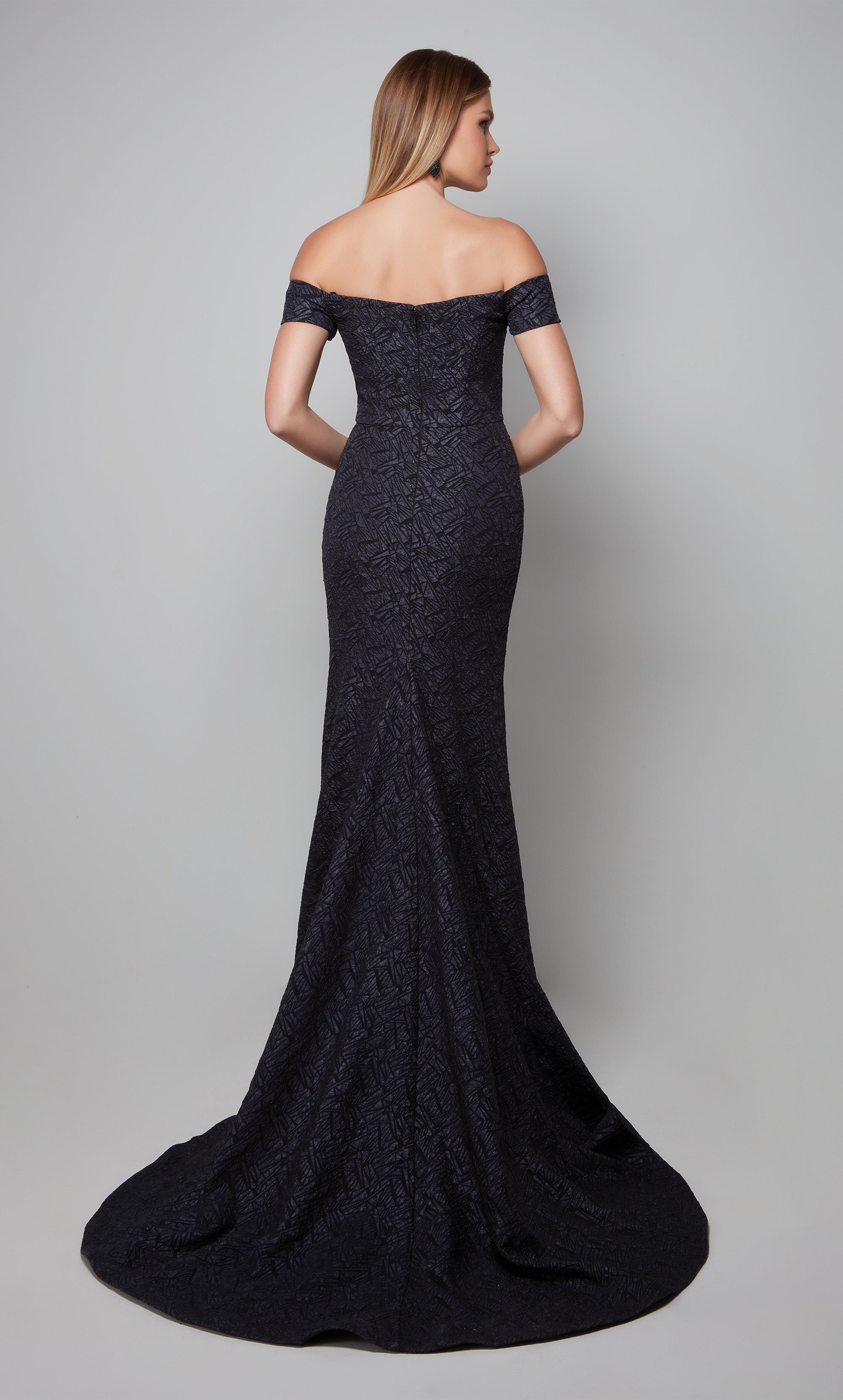 Off the shoulder evening gown in midnight blue. Color-SWATCH_27578__MIDNIGHT