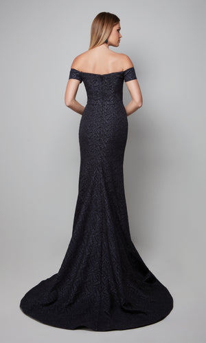 Off the shoulder mother of the bride dress with a closed back and train in midnight blue.