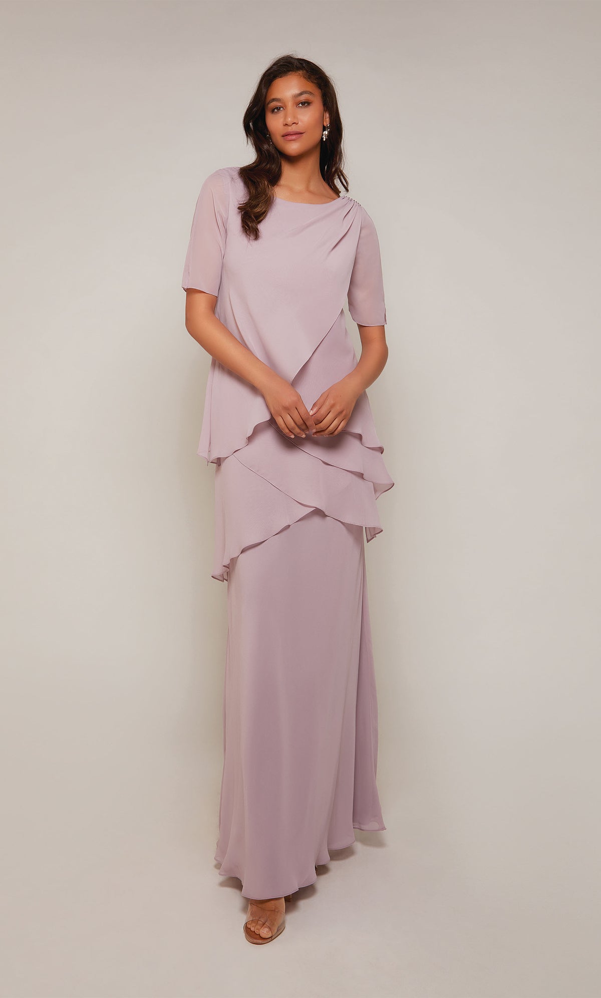 Tiered flowy chiffon wedding guest dress with short sleeves in cashmere rose. Color-SWATCH_27593__CASHMERE-ROSE