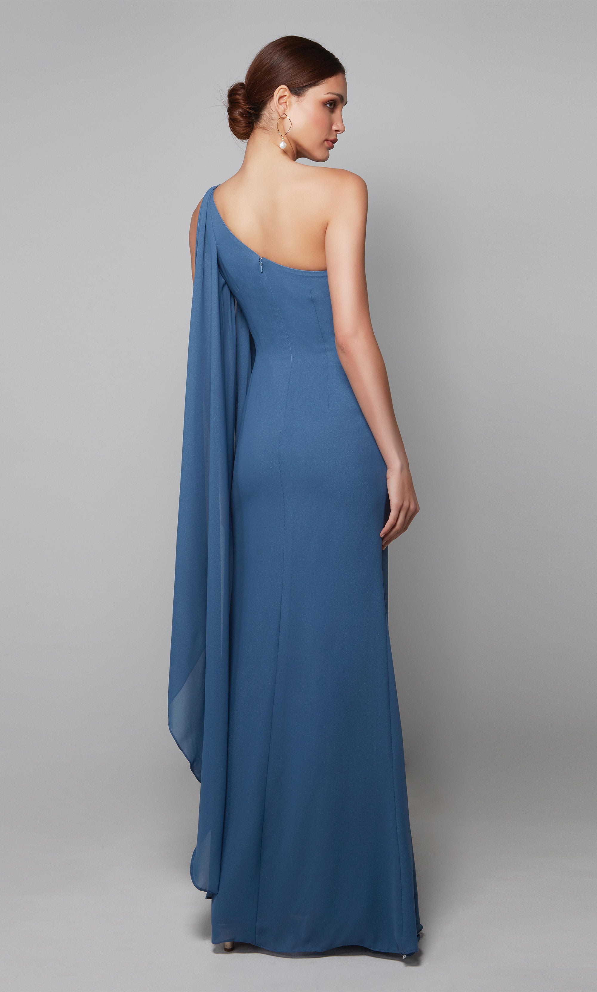 One shoulder mother of the bride dress with a wrap hem cape in blue. Color-SWATCH_27603__DARK-FRENCH-BLUE