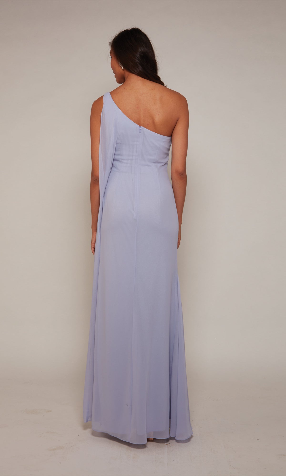 One shoulder drape dress with an closed zipper back in light periwinkle.