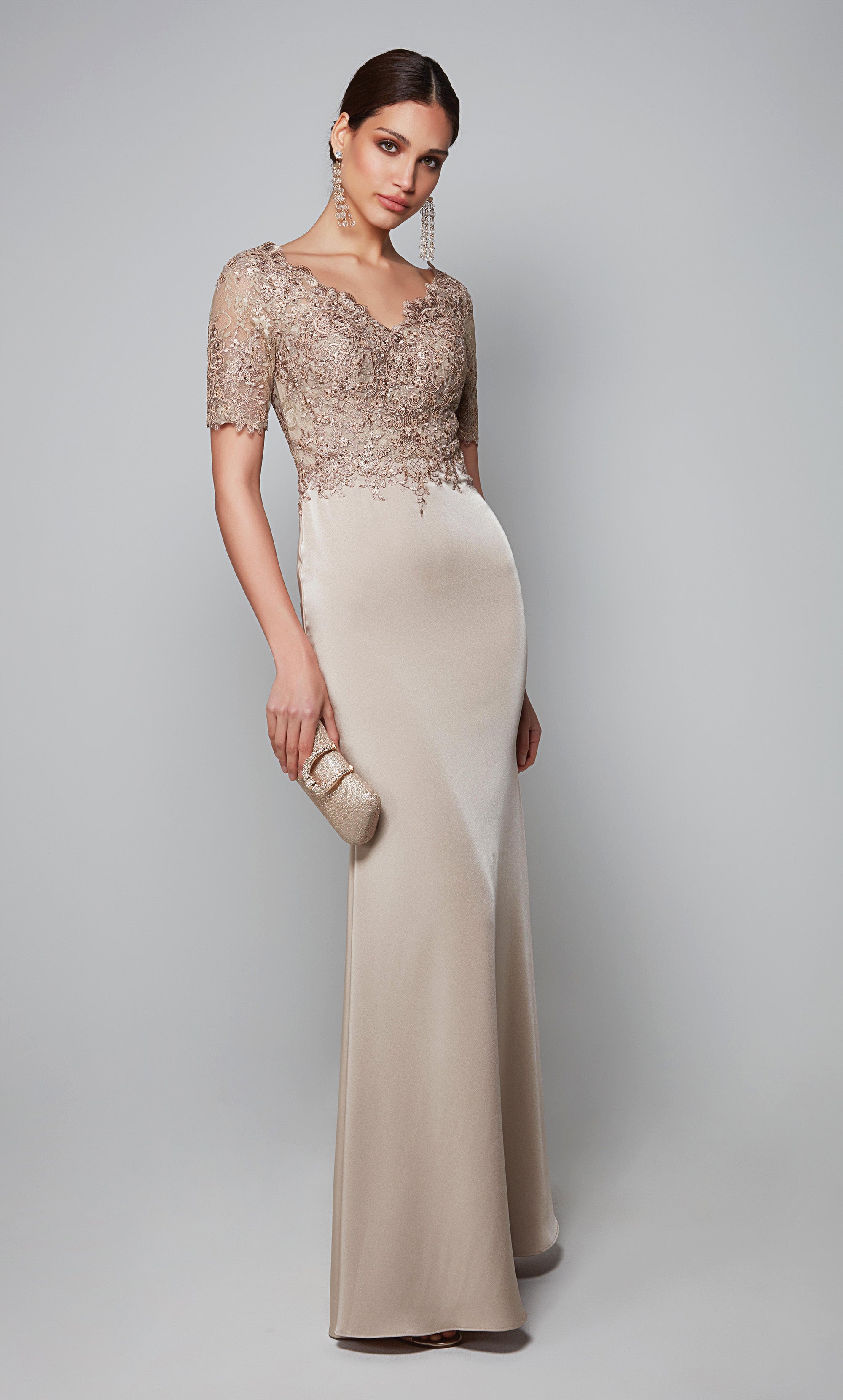 Stretch crepe formal gown with sleeves and a lace bodice in light tan color. Color-SWATCH_27615__ALMONDINE