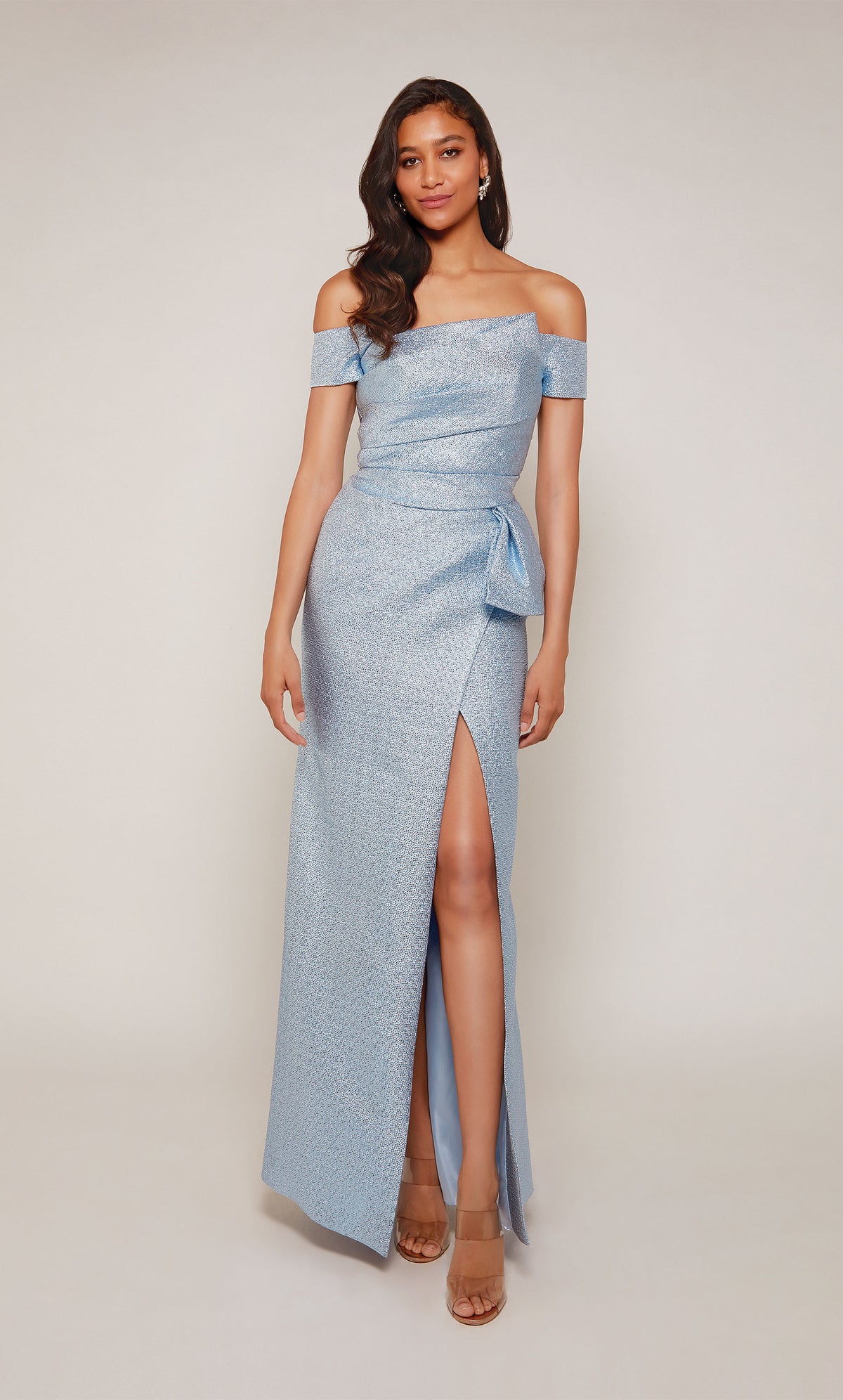 Metallic Jacquard, off the shoulder black tie gown with pleated bodice and side slit in french blue. Color-SWATCH_27639__FRENCH-BLUE