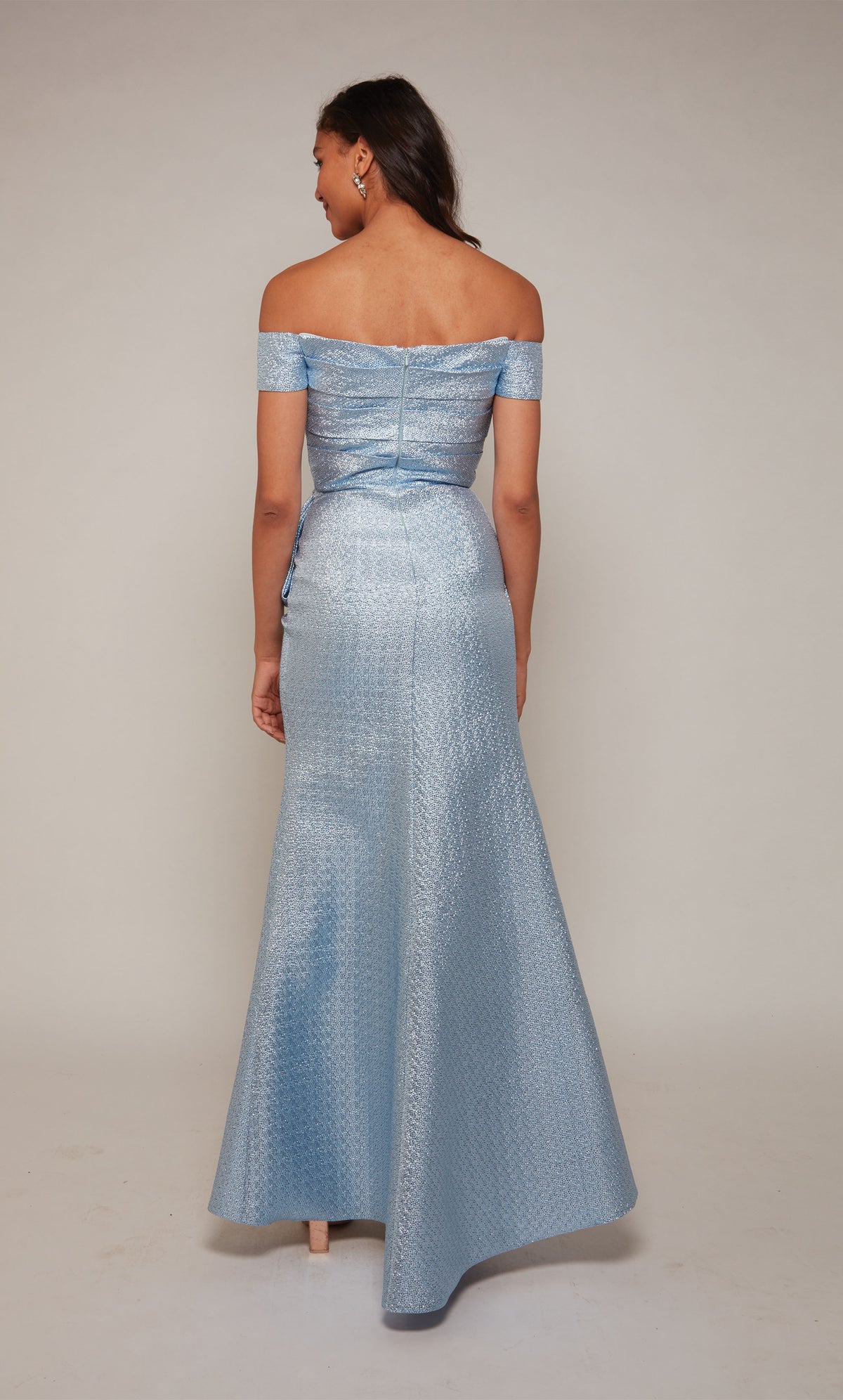 Off the shoulder metallic formal dress with pleated bodice and zip up back in french blue.