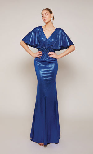 A metallic royal blue mother of the bride dress with a V-neckline, beaded waistline, and butterfly sleeves.