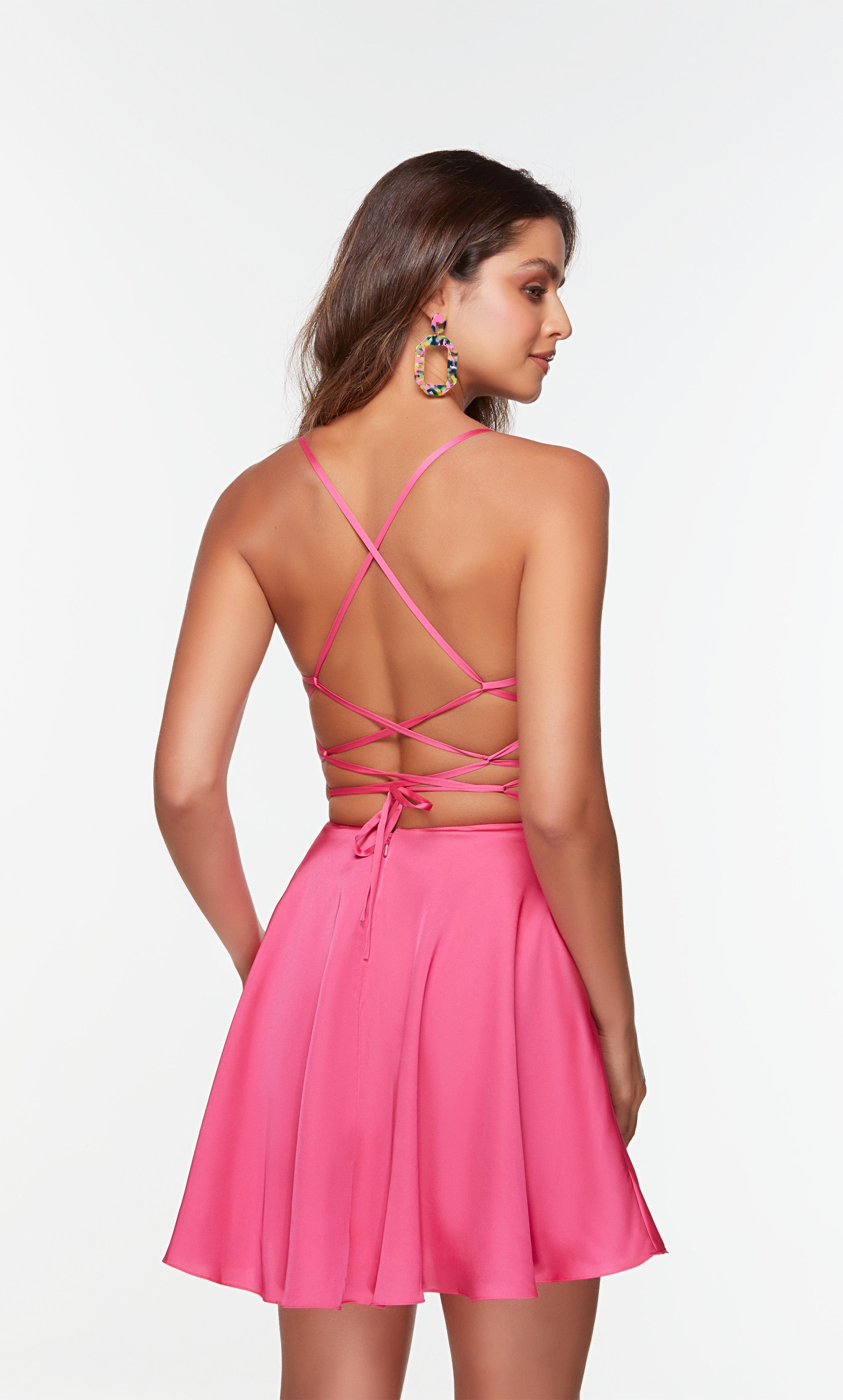 Short hot pink dress with a cowl neckline and pockets. Color-SWATCH_3114__HOT-PINK