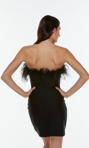 Strapless black homecoming dress with a zip up back and feather trim.