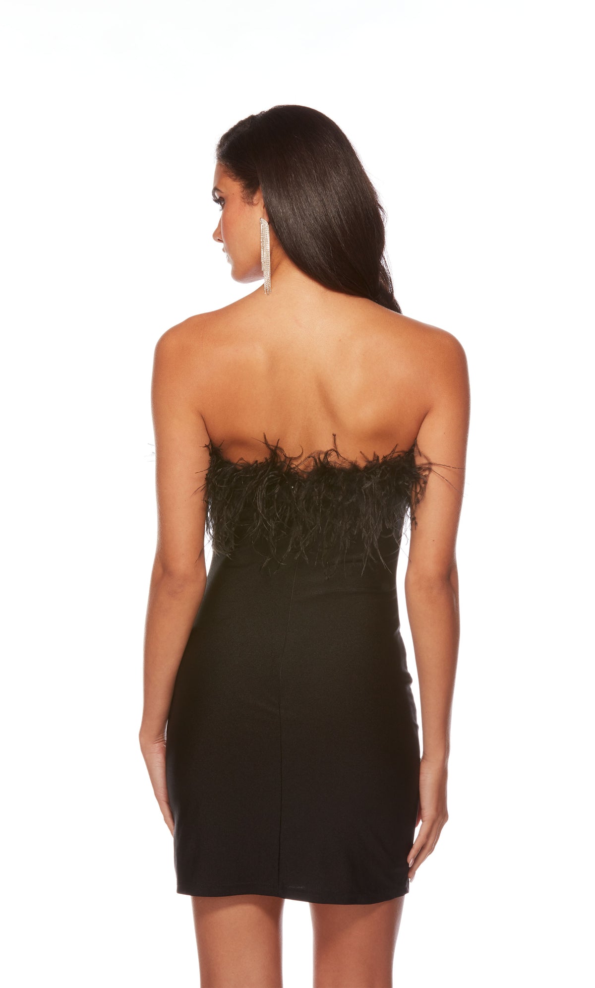 Strapless feather dress with a zip-up back in a black stretch satin fabrication.