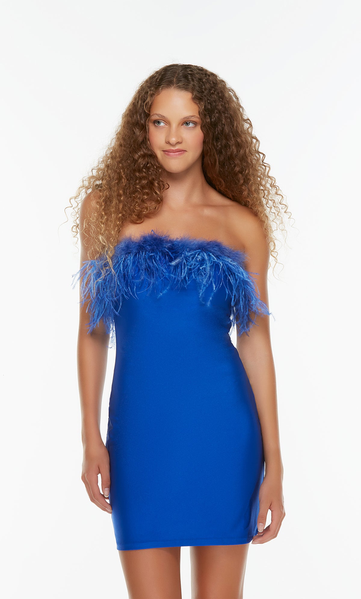 Strapless blue homecoming dress with feather trim. Color-SWATCH_4524__ROYAL
