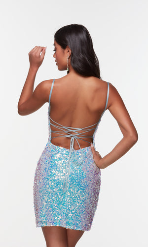 Iridescent sequin cocktail dress with a strappy back.