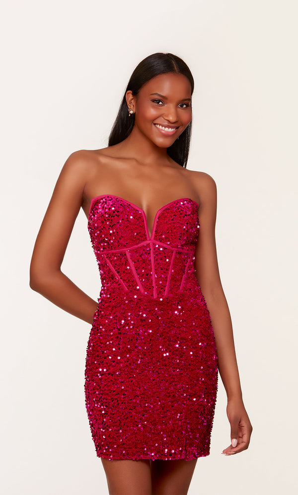 Formal Dress 4745. Short, Strapless, Straight, Laceup Back Alyce Paris