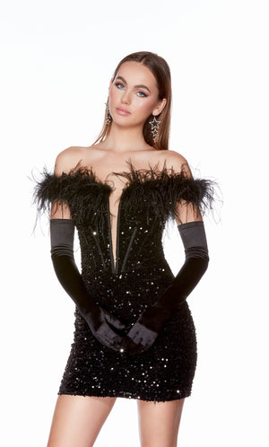 An off-the-shoulder, plunging neckline mini dress with a corset bodice with a zip-up back and feather trim in black plush sequins. The dress was accessorized with long black satin gloves which are not included with dress purchase.