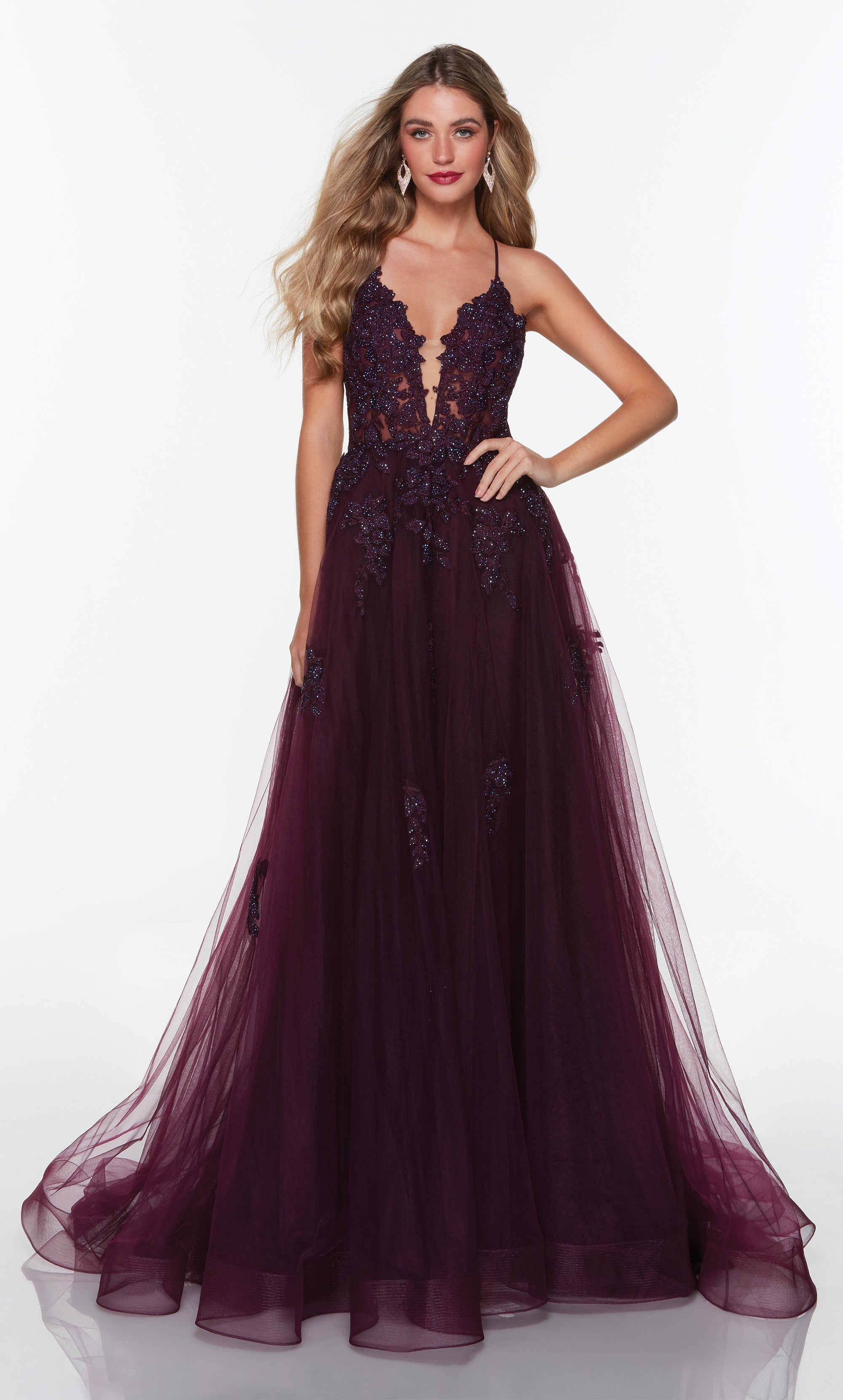 Tulle prom dress with a plunging neckline and floral appliques in black plum. Color-SWATCH_61263__BLACK-PLUM
