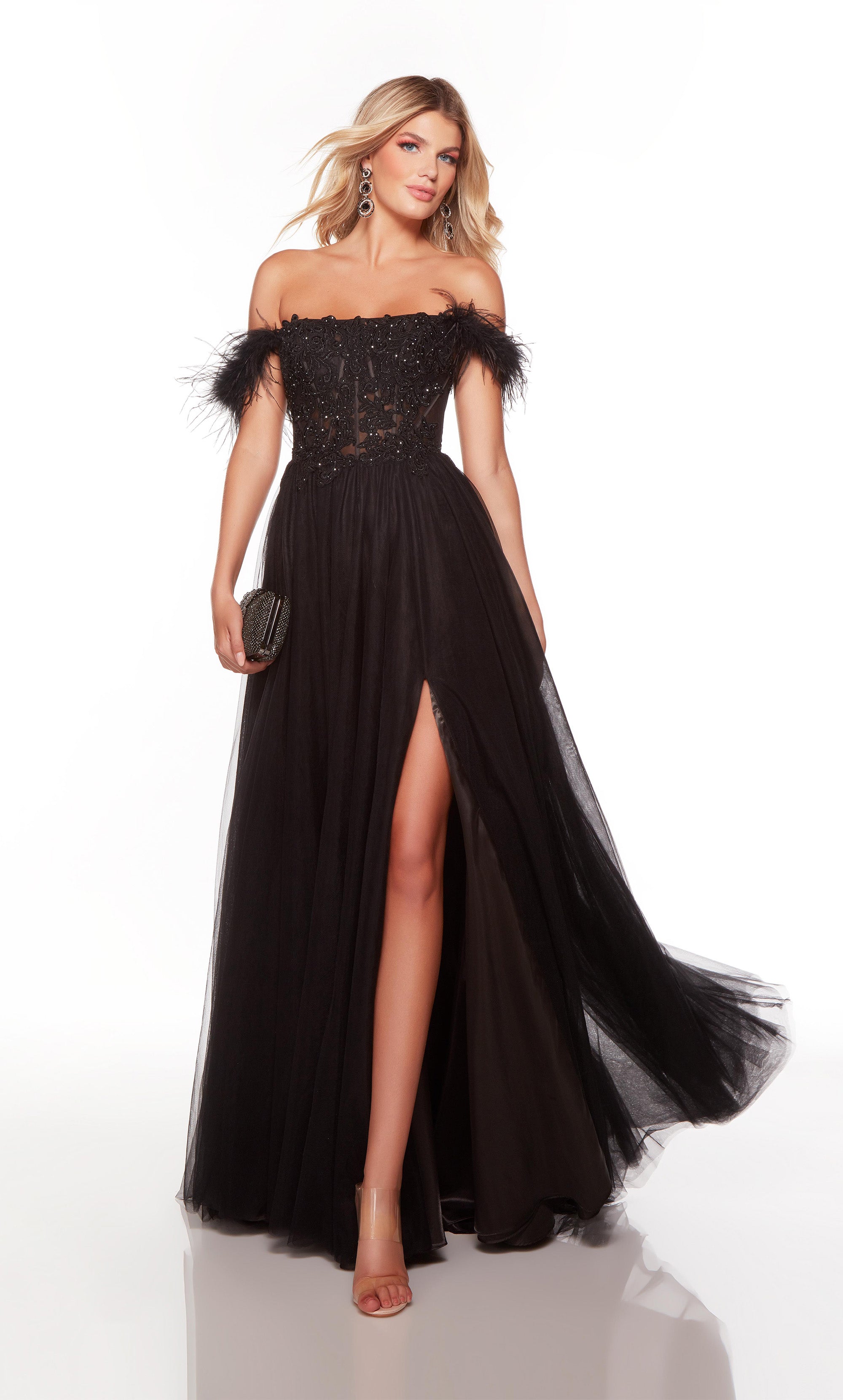 Off the shoulder black prom dress with a sheer lace corset bodice, front slit, and feather accents. COLOR-SWATCH_61328__BLACK
