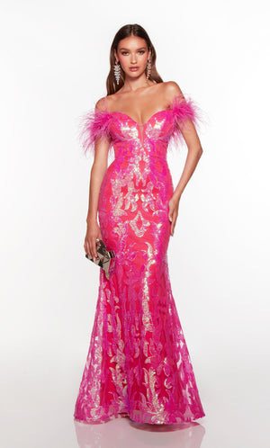 Sparkly off the shoulder pink prom dress with a lace up back and feather trim.