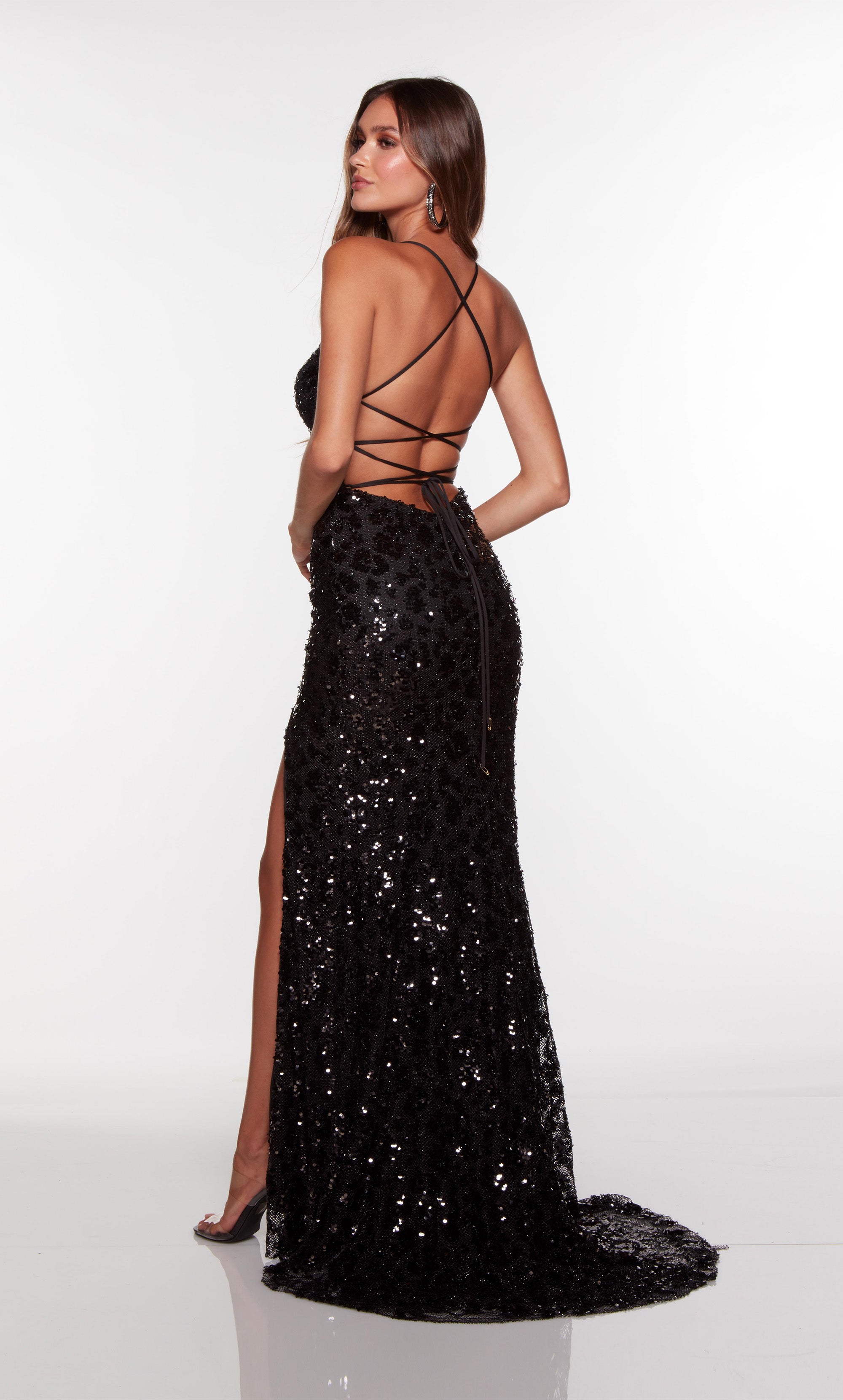 Long leopard print black prom dress with a plunging neckline and high side slit. COLOR-SWATCH_61377__BLACK