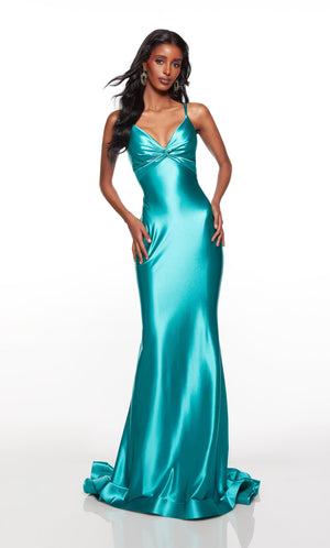Bright blue satin formal dress in a fit and flare silhouette. COLOR-SWATCH_61436__LAGOON