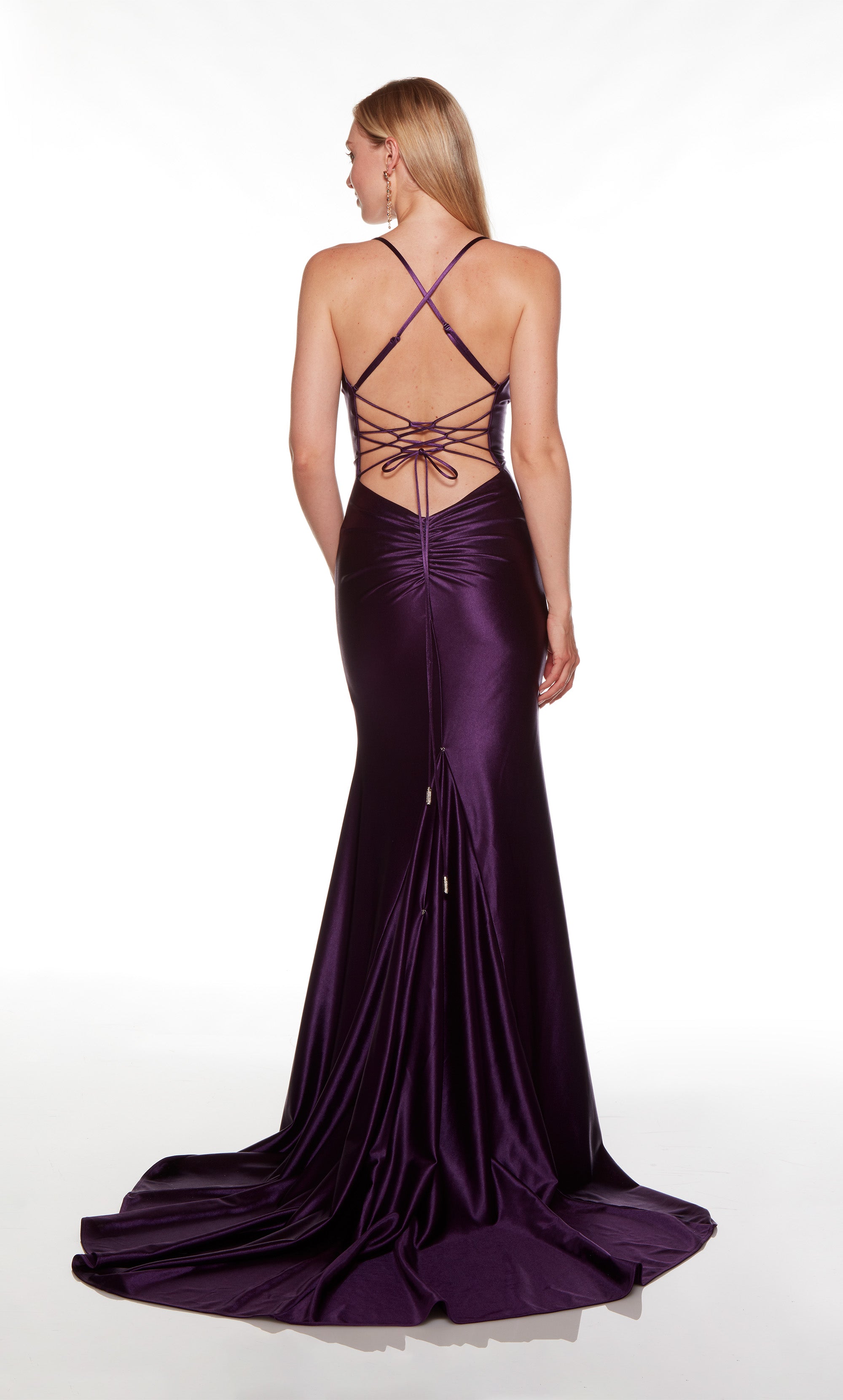 Cowl neck gown with front slit in purple. COLOR-SWATCH_61438__PURPLE