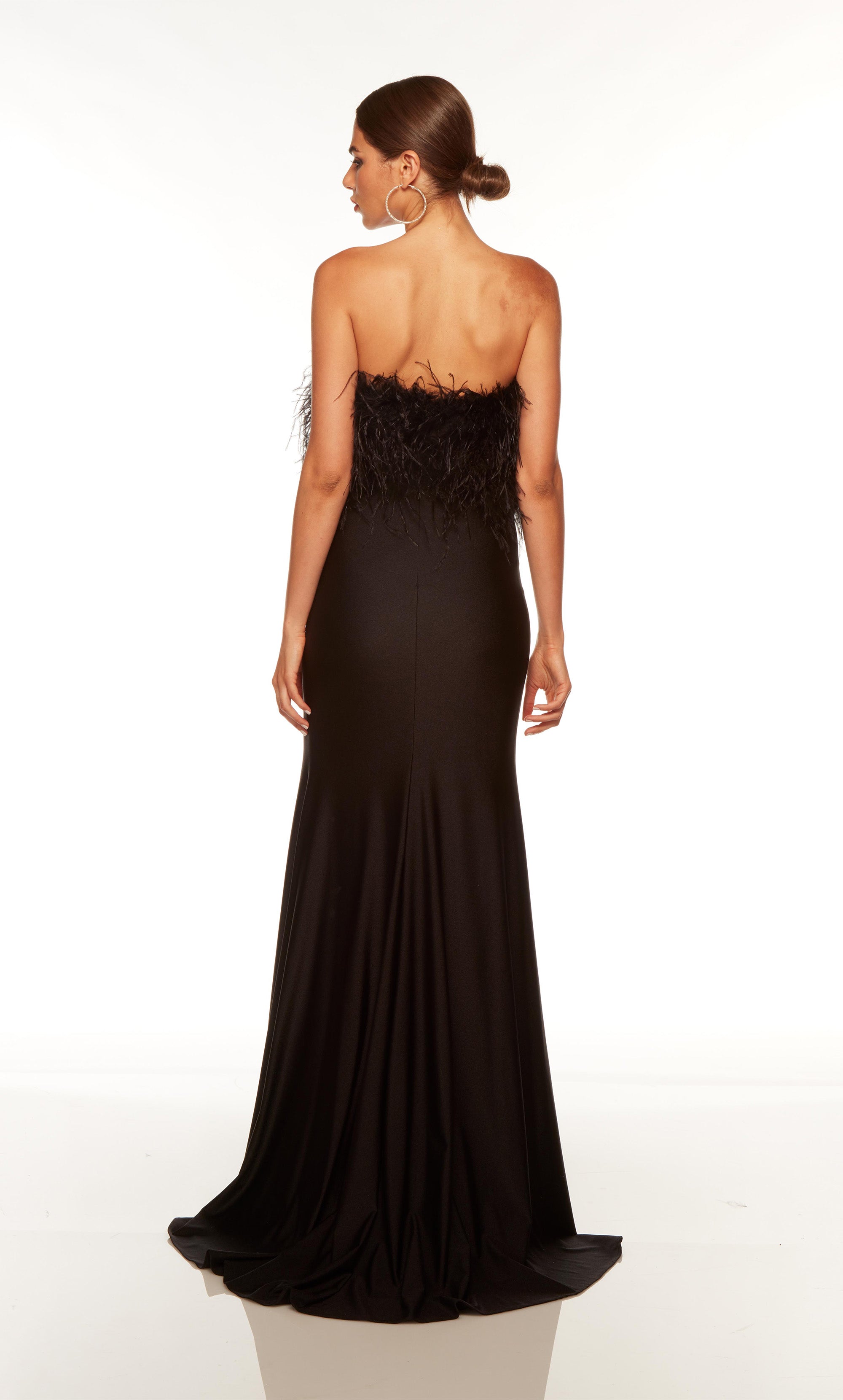 Strapless two piece feather prom dress with front slit in black. COLOR-SWATCH_61458__BLACK
