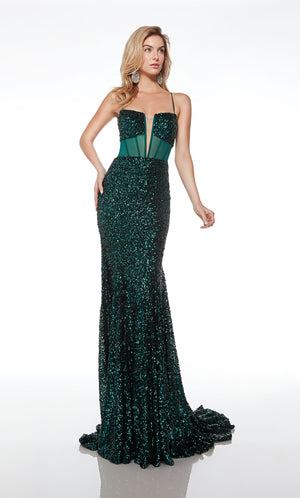 Dazzling green sequin mermaid dress with an square plunging neckline, sheer corset top, crisscross lace-up back, and an gracefully long train.