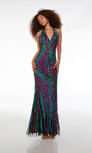 Dazzling black-multi colored sequin formal dress with an V-shaped halter neckline and open back for an glamorous and eye-catching look.