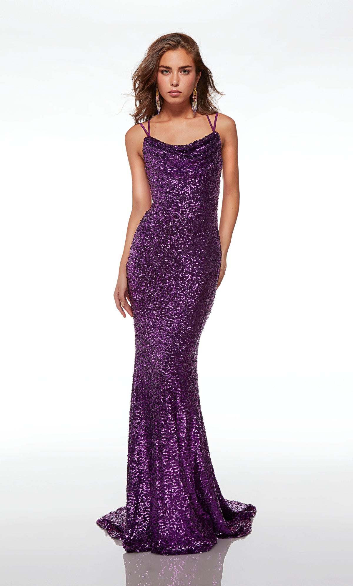 Purple prom dress: Sequin embellished, scooped cowl neckline, dual adjustable straps, crisscross lace-up back, and train for an stunning look.