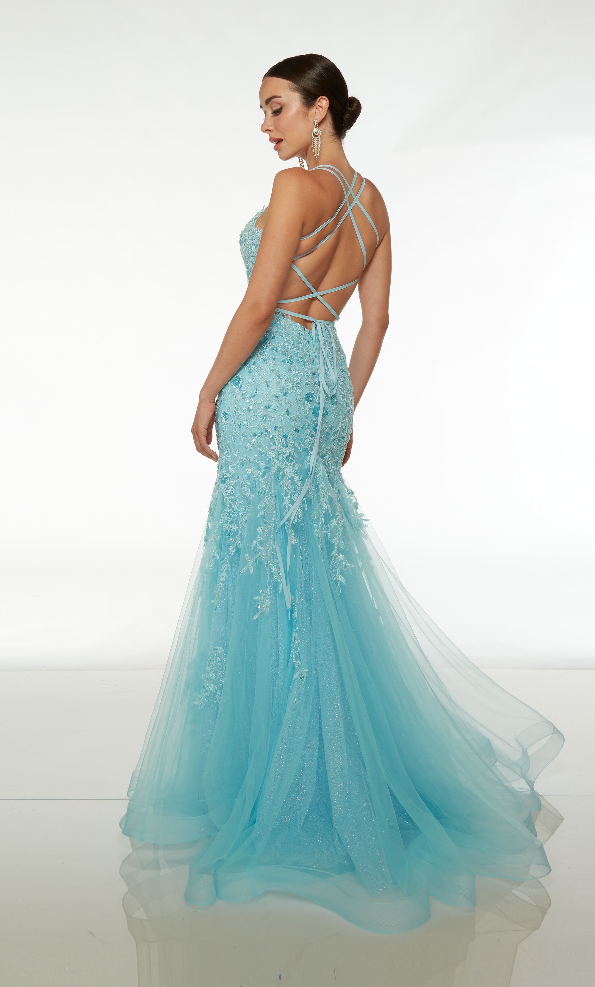 Charming baby blue mermaid gown: intricate beaded floral lace appliques, sheer corset bodice, dual straps, lace-up back, and layered train for an captivating look.