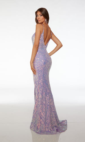 Chic lilac purple prom dress: fitted silhouette, V neckline, side slit, V-shaped back, train, and enchanting iridescent sequin detailing.