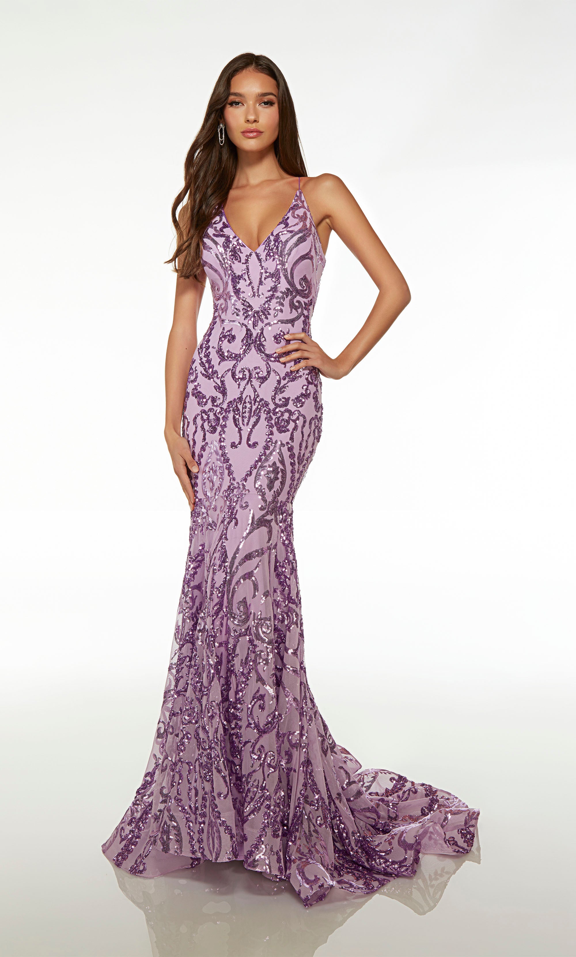 Purple mermaid dress featuring an plunging V neckline, crisscross lace-up back, long train, and paisley-patterned sequin design for an captivating look.