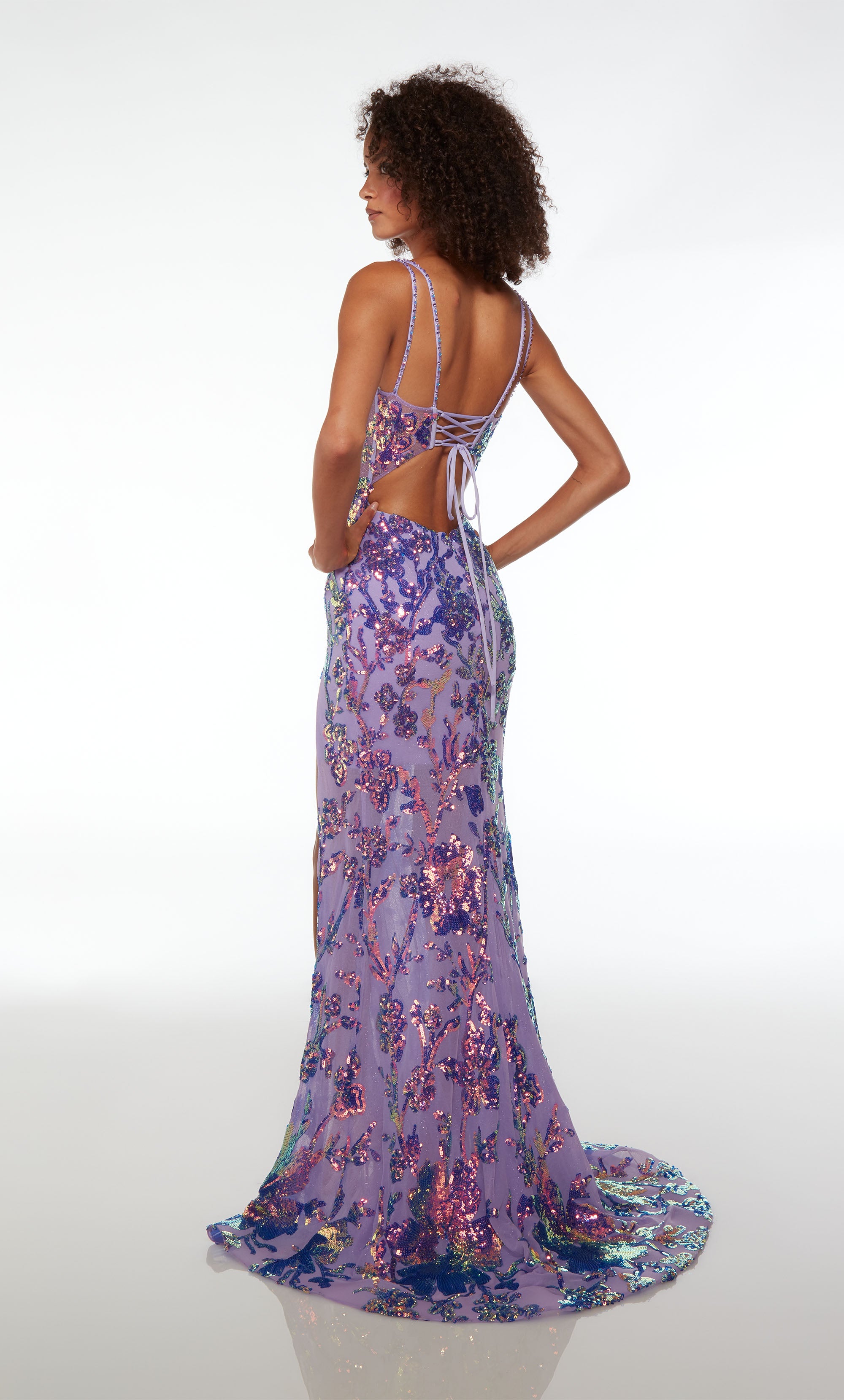 Purple prom dress with dual straps, sheer corset bodice, floral iridescent sequin detailing, side slit, lace-up back, and an graceful train.