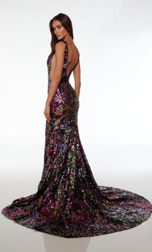 Black-multi formal dress with plunging neckline, fit-and-flare silhouette, illusion side cutouts, low V back, and an long glamorous train.
