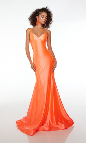 Fitted orange long formal dress in an mermaid silhouette, V neckline, side cutouts, lace-up back, ruching detail, and an long glamorous train.