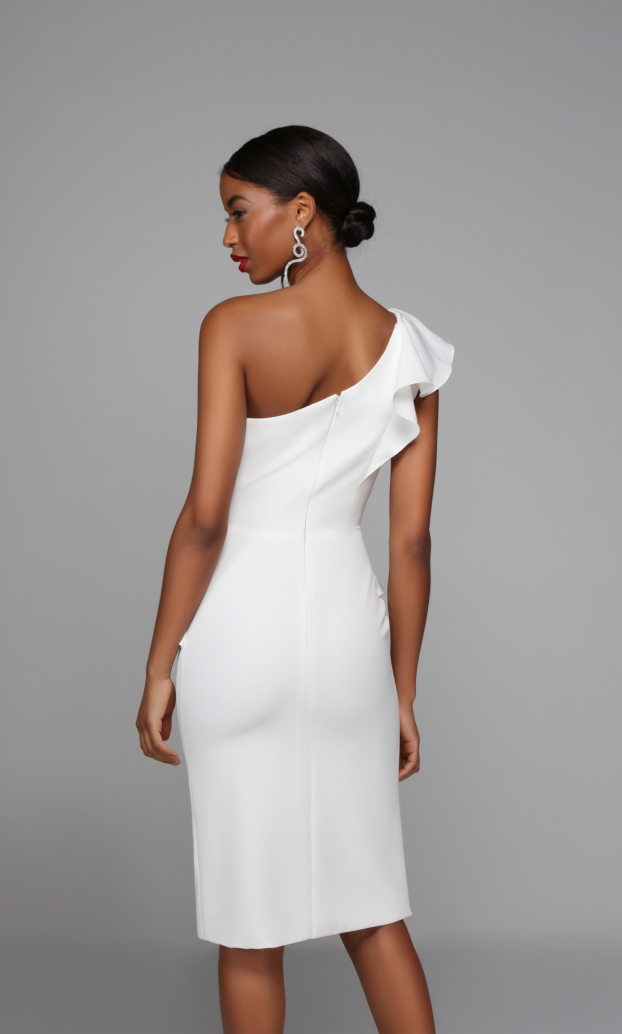 One shoulder ruffled white engagement party dress with side slit. Color-SWATCH_70007__DIAMOND-WHITE