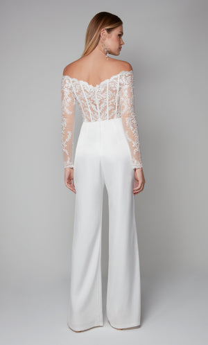 White bridal jumpsuit with a sheer lace off the shoulder corset bodice with a closed back and long sleeves.