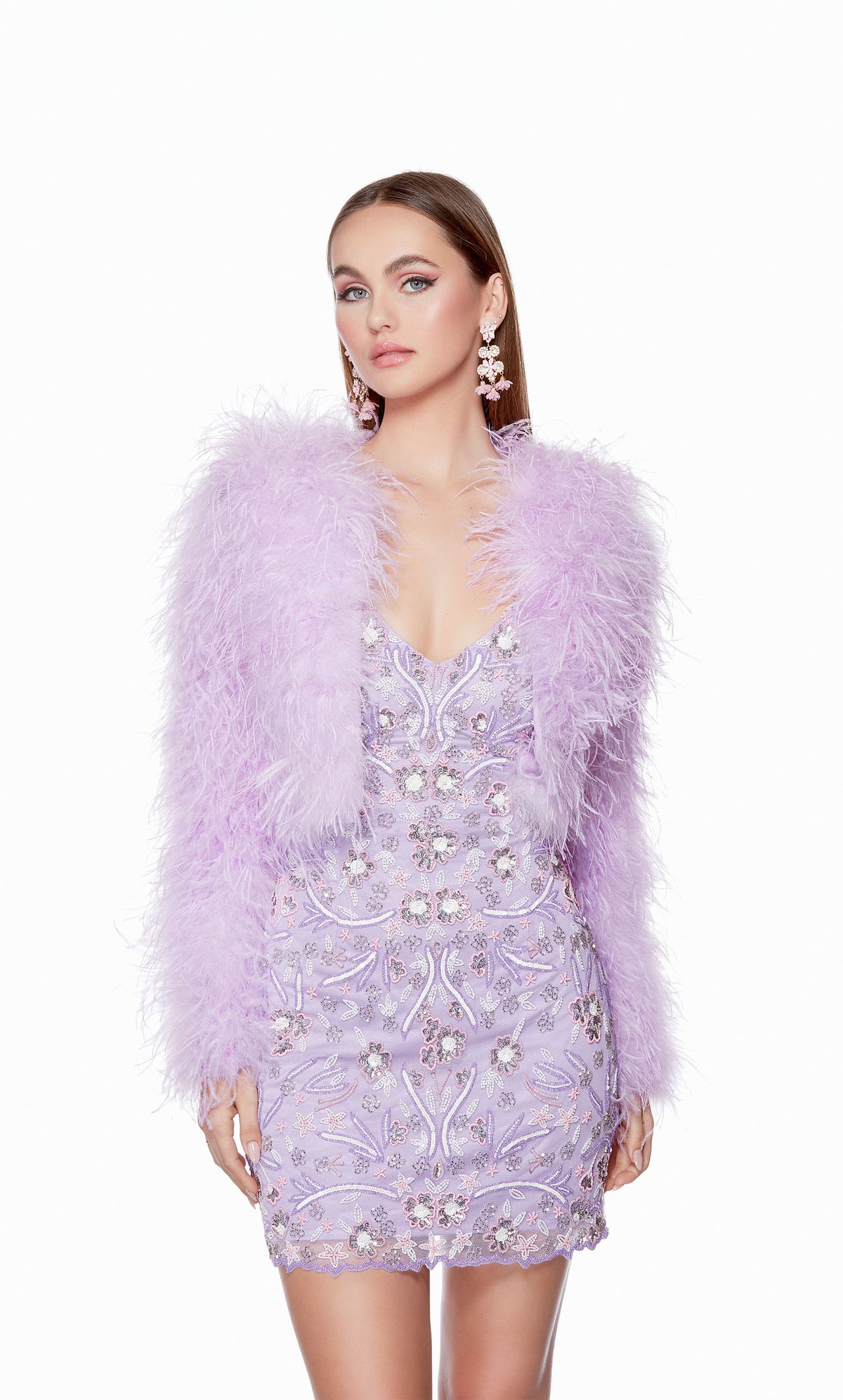 An eye catching light purple cropped feather jacket with long sleeves, perfect for a formal event or night out.