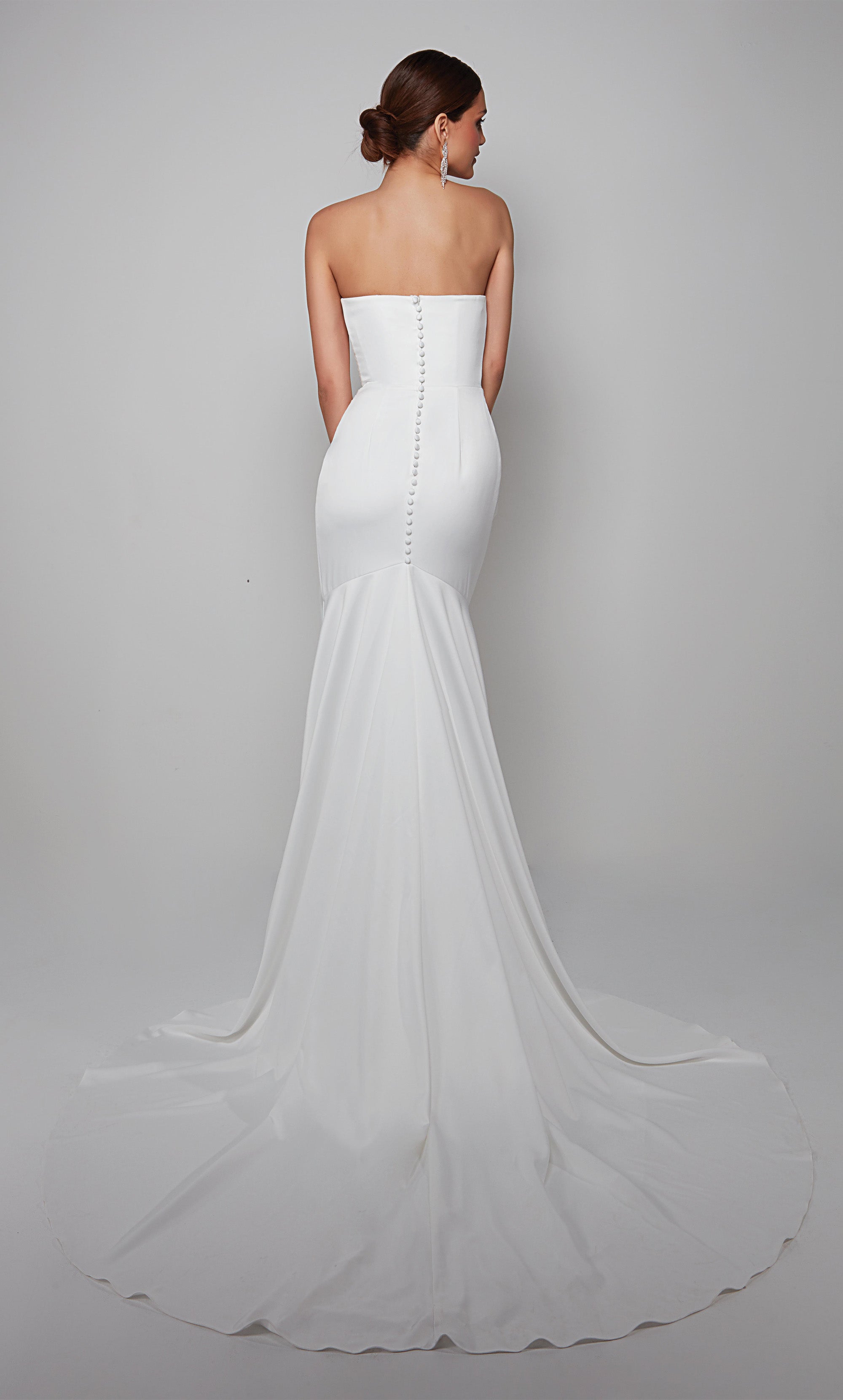 Strapless draped wedding dress with a side slit in white satin. Color-SWATCH_7057__DIAMOND-WHITE