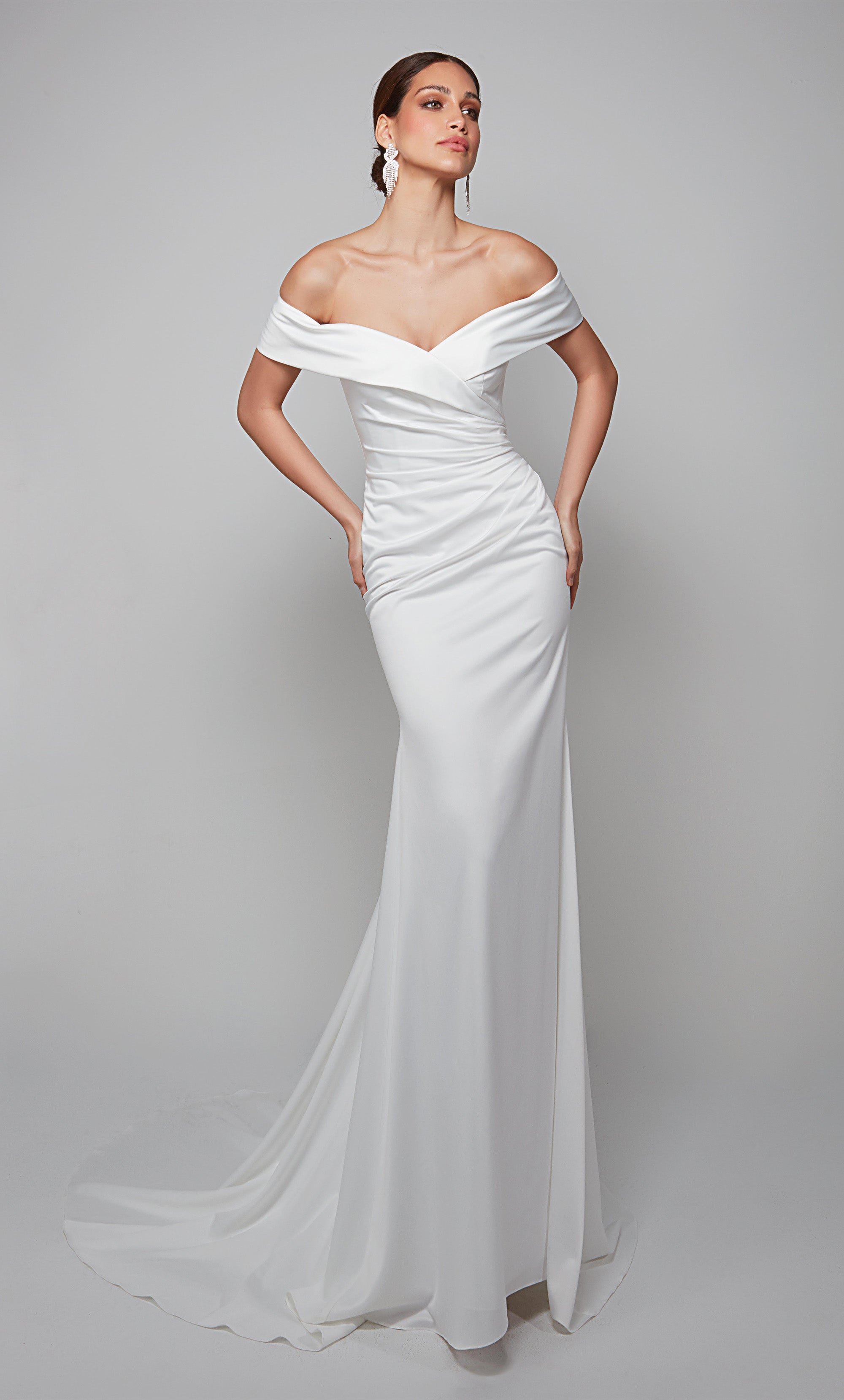 Off the shoulder chic wedding gown with ruching detail in diamond white. Color-SWATCH_7059__DIAMOND-WHITE