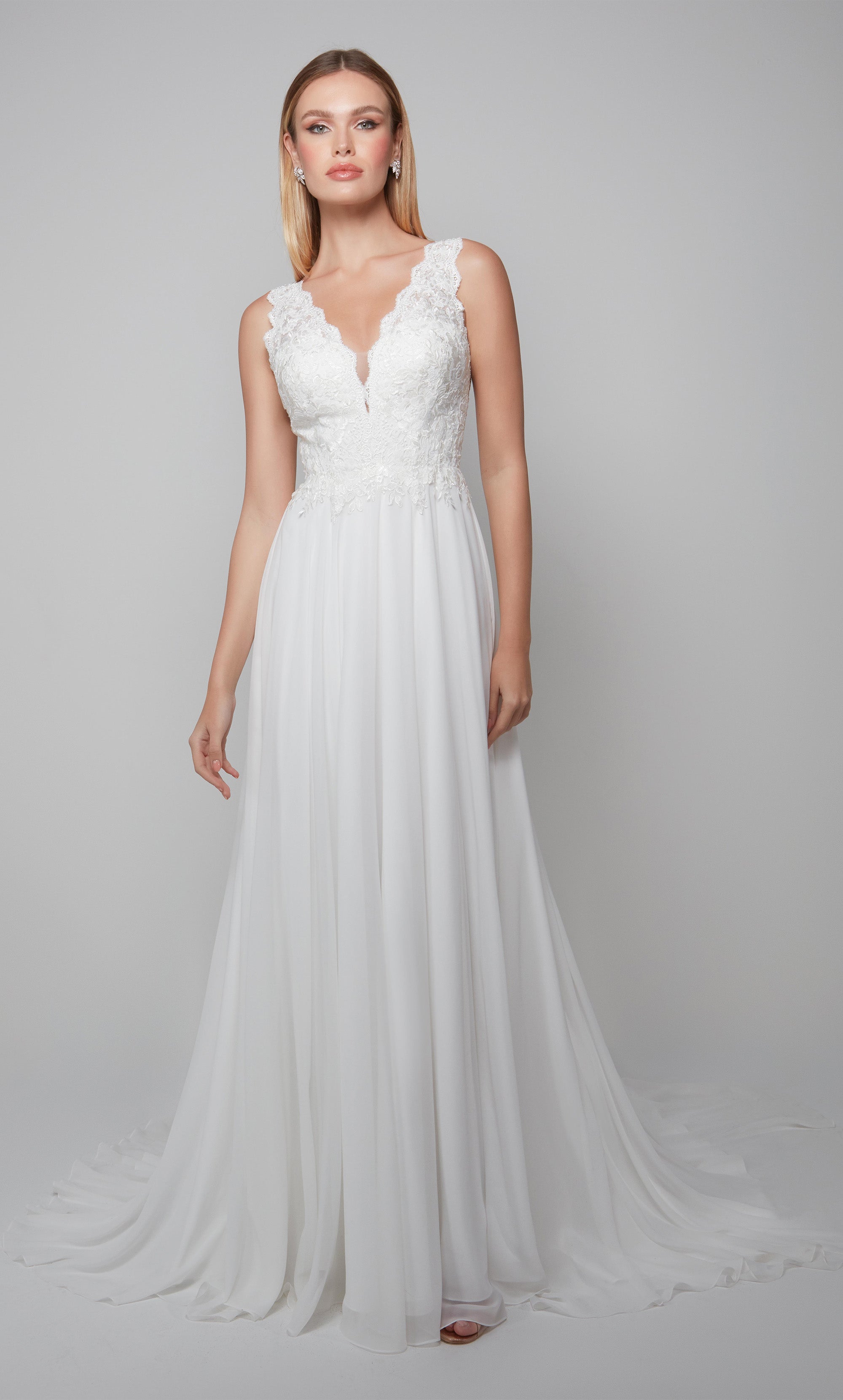 Sleeveless chiffon wedding dress with an elegant lace bodice in ivory. Color-SWATCH_7071__IVORY