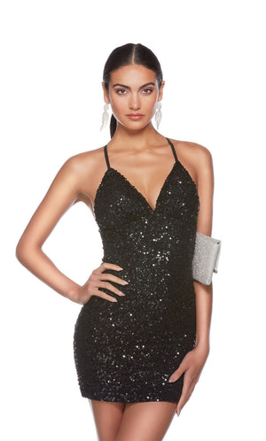 Cute black sequin mini dress with adjustable crisscross back straps - perfect for homecoming or any other semi-formal event!