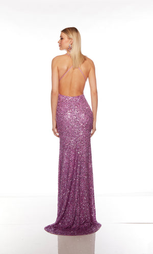 Purple sequin gown with an V neckline, slit, and crisscross adjustable strap back, and an slight train for an elegant and alluring look.