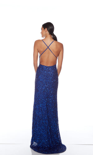 Blue sequin gown with an V neckline, slit, and crisscross adjustable strap back, and an slight train for an elegant and alluring look.