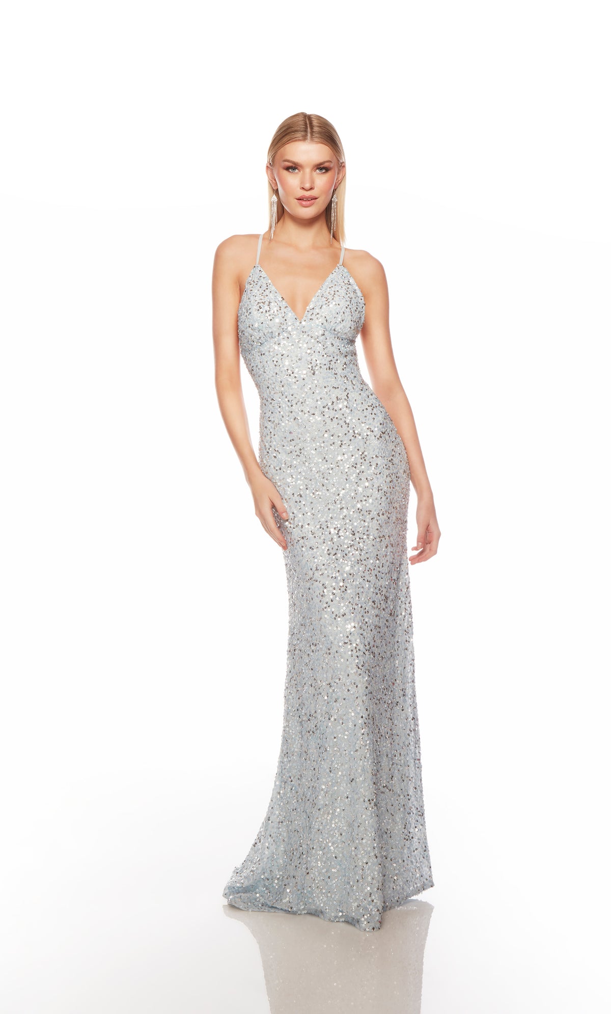 Light blue sequin gown with an V neckline, slit, and crisscross adjustable strap back, and an slight train for an elegant and alluring look.