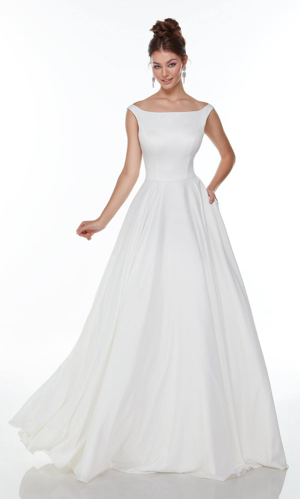Formal Dress: 7054. Long White A-line Dress, Bateau Neckline, A-line